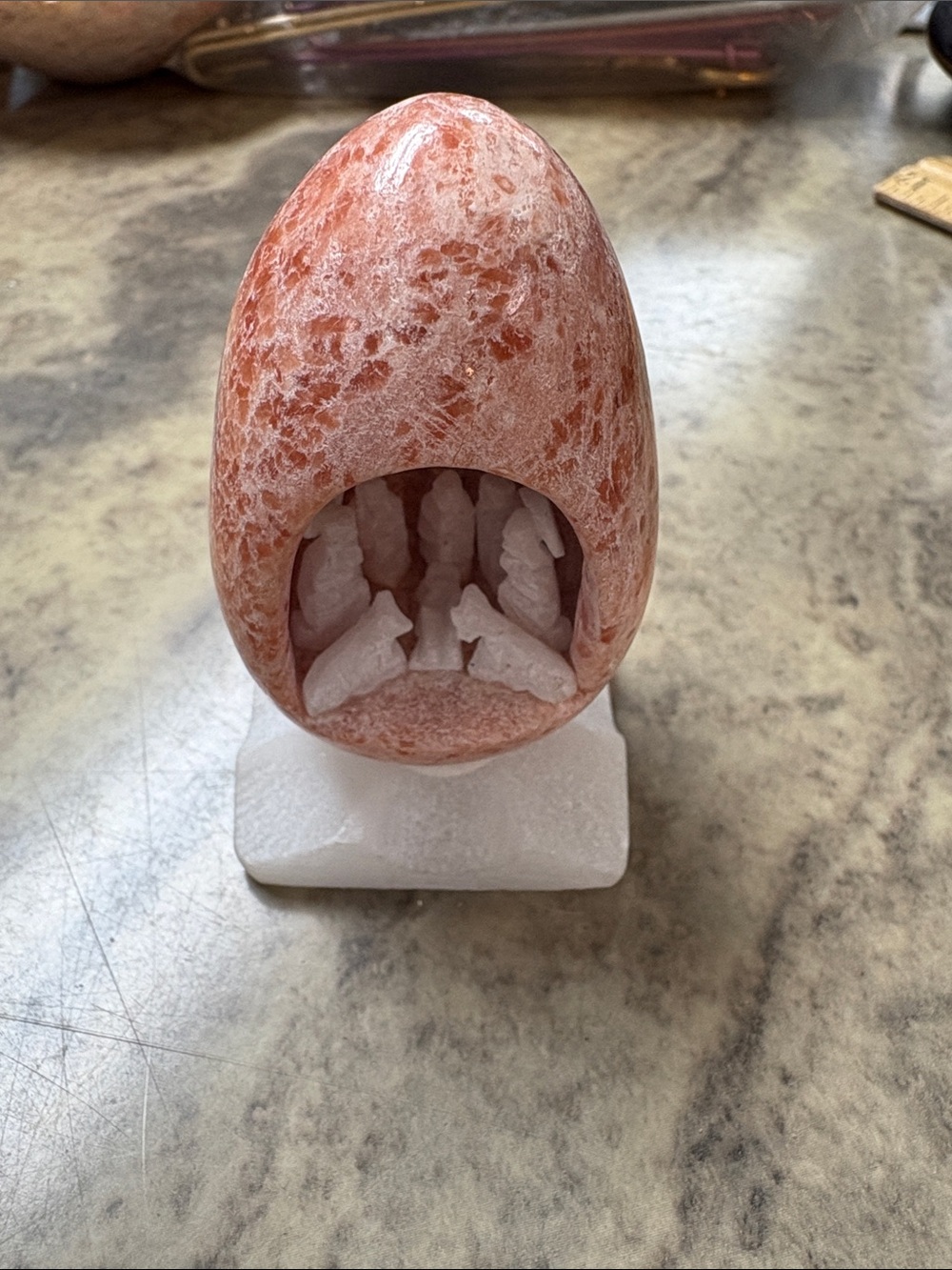 Carved Pink and White Egg Geode nativity Sculpture